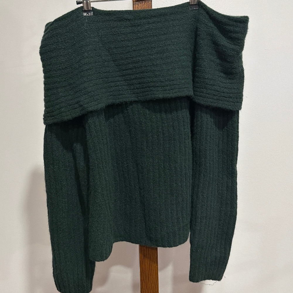 Gap Women Hunter Green Wool Yak Hair Blend Off The Shoulder Ribbed Sweater L New
